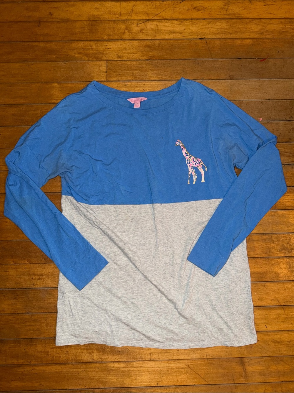 Lilly Pulitzer Blue and Gray Colorblock Long-Sleeve Top with Giraffe Accent